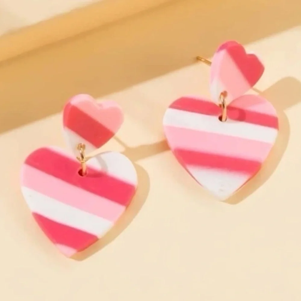 Pink Heart Dangle Earrings Striped Acrylic Coquette Valentine